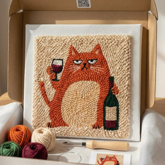 Punch‑Needle‑Set — Tonia Art Cat and Red Wine Punch Needle Kit - Elegant kitten — DIY Wanddeko — Tonia Art