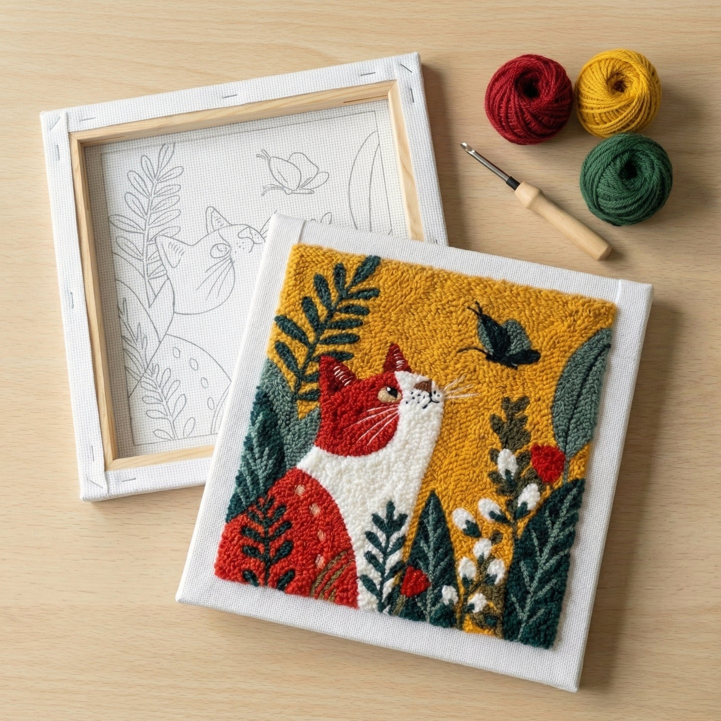 Punch‑Needle‑Set — Beautifully finished punch needle floral cat decor - Profess — DIY Wanddeko — Tonia Art