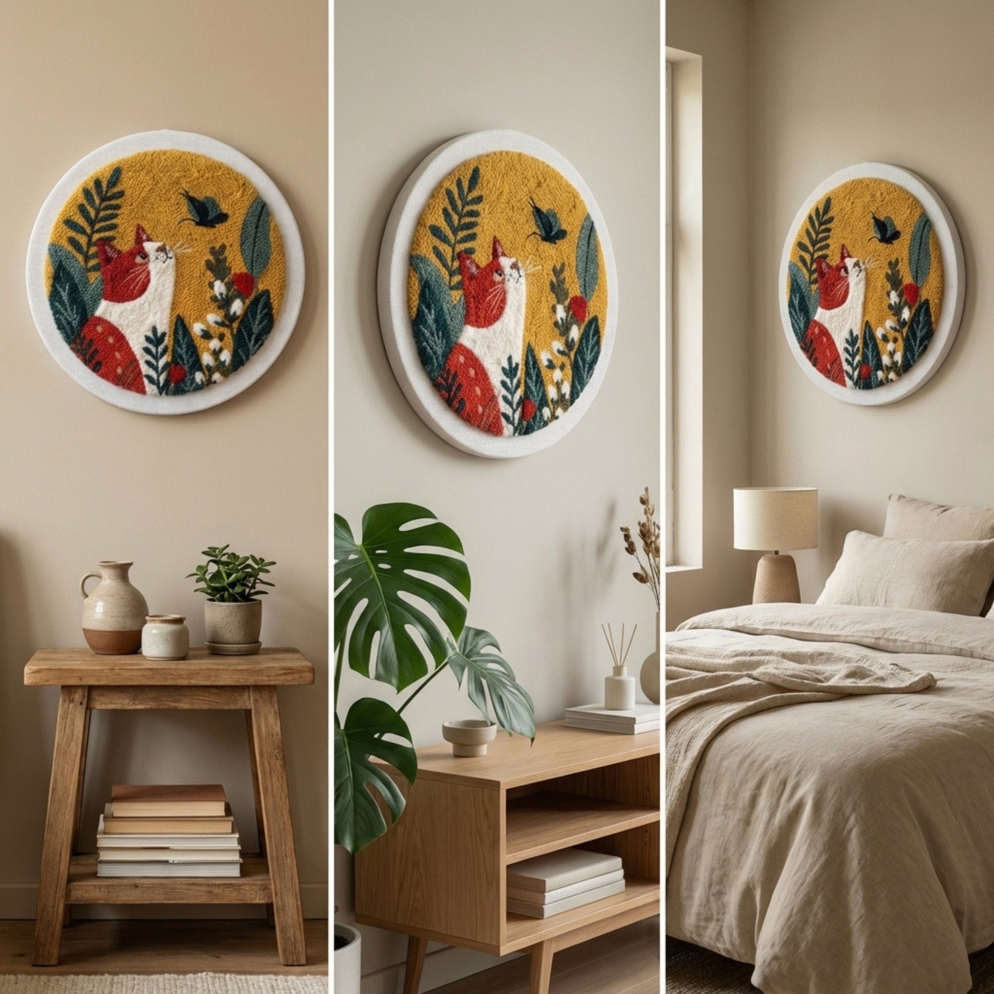 Handmade Spring Cat textile art - Romantic floral DIY home decoration for a cozy living room or bedroom.
