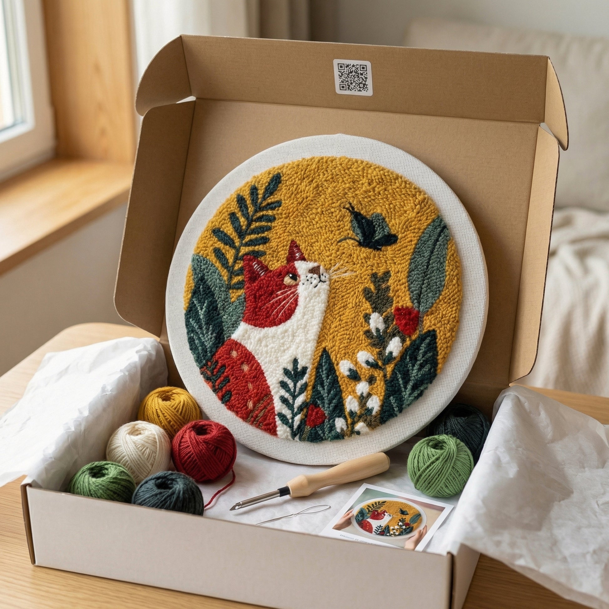 Punch‑Needle‑Set — Tonia Art complete Punch Needle set - Pre-printed cat in flo — DIY Wanddeko — Tonia Art