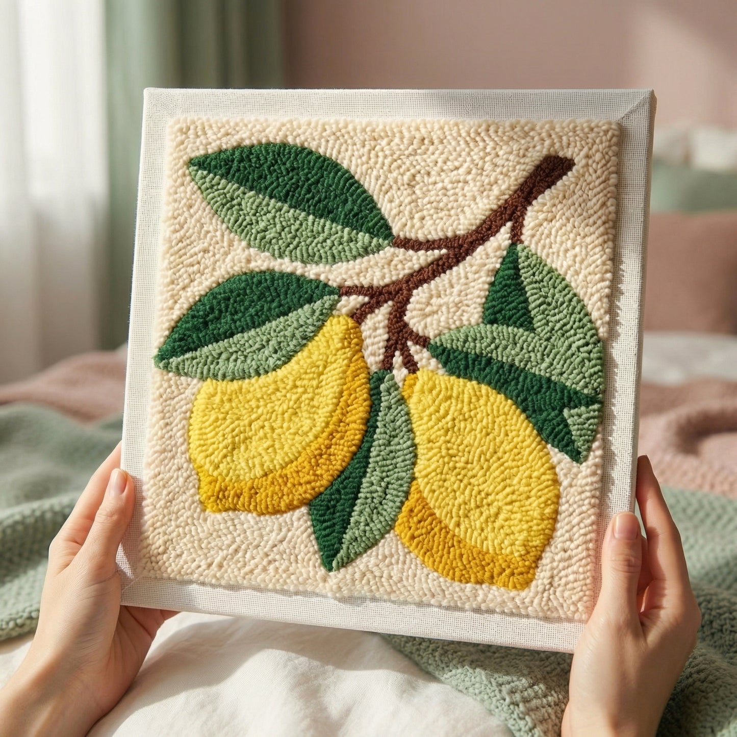 Tonia Art complete Punch Needle set - Pre-printed lemon pattern, high-quality yellow and green wool, and needle.