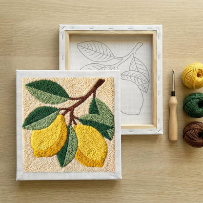 Punch needle kit contents - Pre-stretched canvas, yarn, needle and step-by-step instructions.