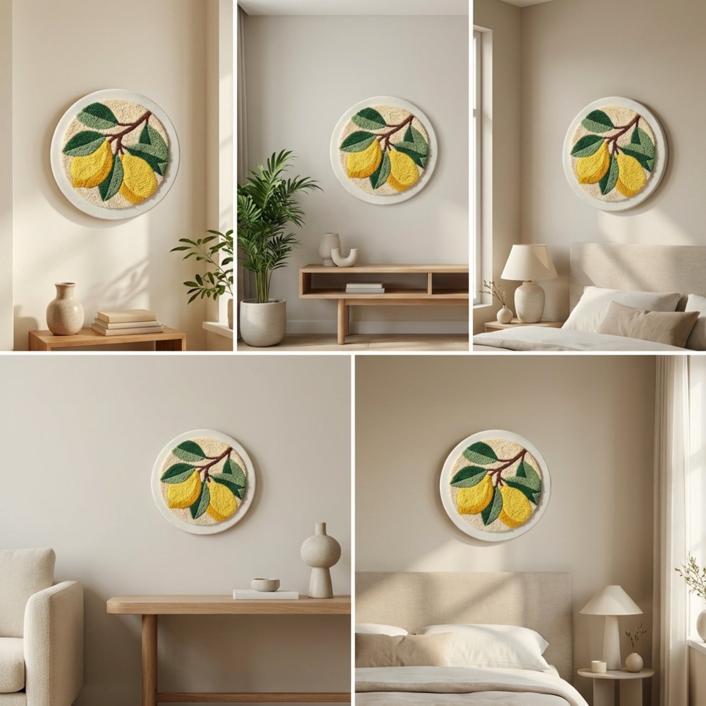 Handmade Lemon textile art - Fresh and modern DIY home decoration for a kitchen, pantry, or dining room.