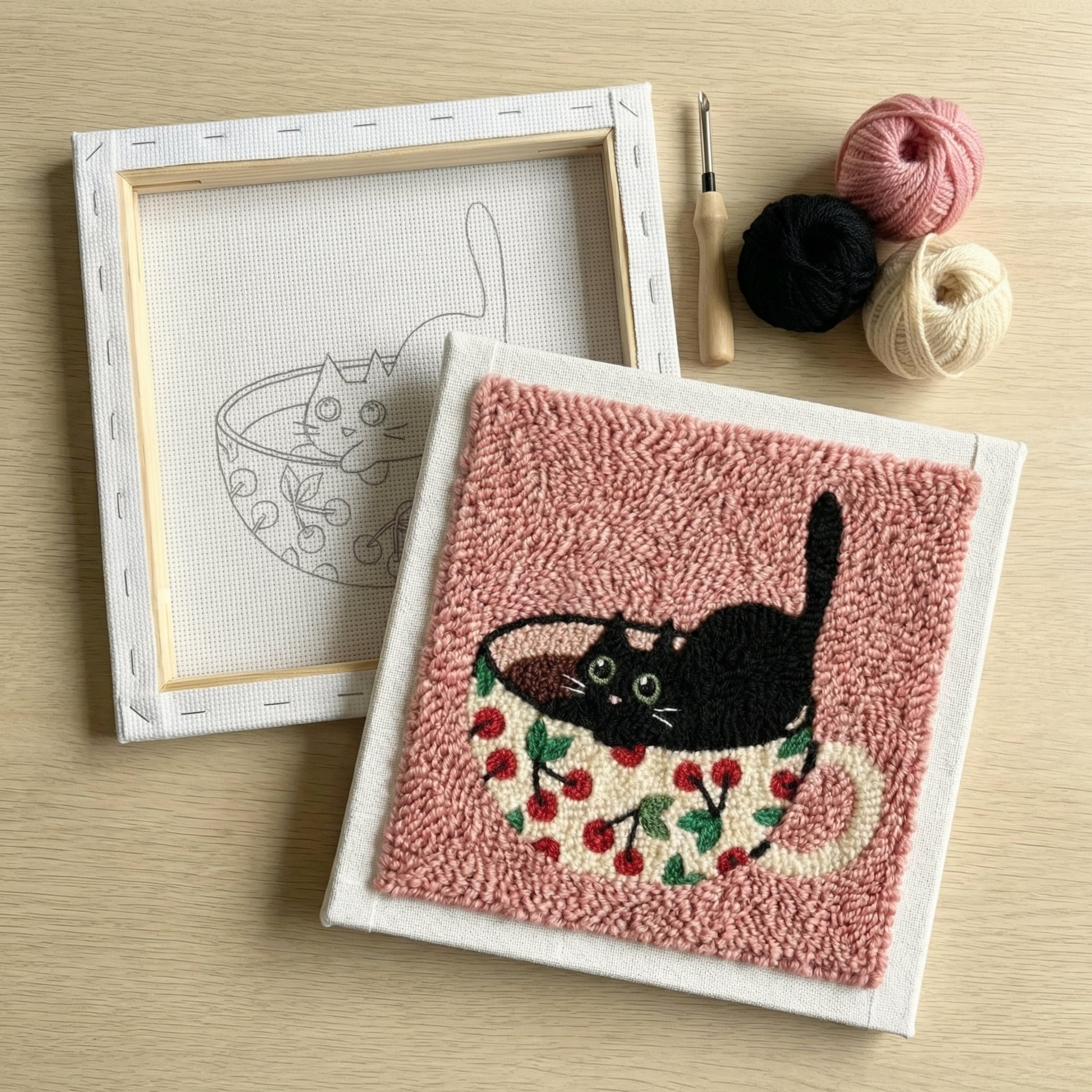Punch‑Needle‑Set — Beautifully finished punch needle cherry cat decor - Profess — DIY Wanddeko — Tonia Art