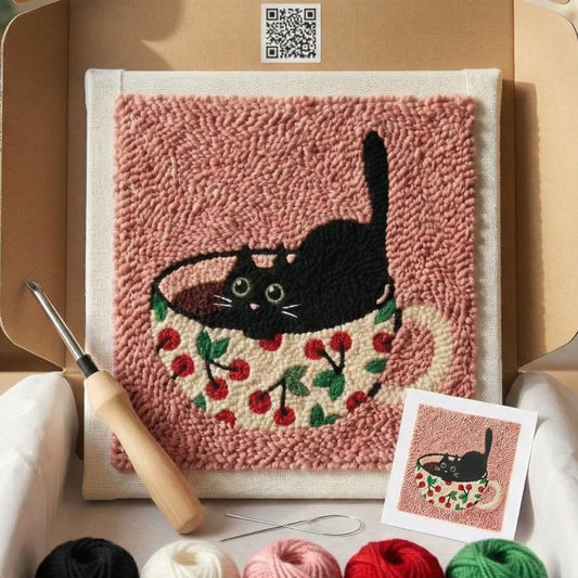 Tonia Art Kitten in Cherry Cup Punch Needle Kit - Cute cat in fruit mug DIY wall art on pre-stretched frame.