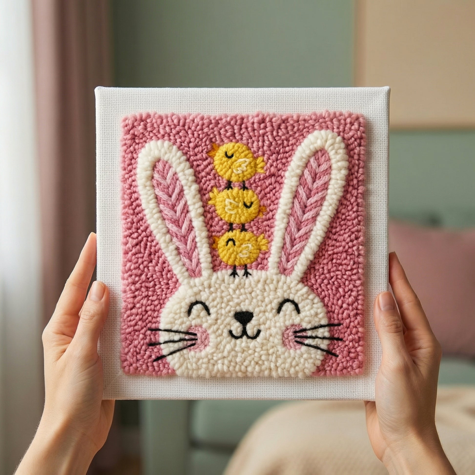 Handmade Bunny and Chicks textile art - Cozy and warm DIY home decoration for a child's room or nursery.