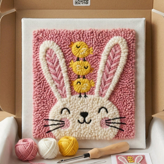 Tonia Art Bunny and Chicks Punch Needle Kit - Tender spring animal DIY wall art on pre-stretched frame