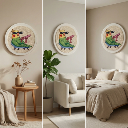 Finished Perroquet Stylé punch needle artwork styled in a home interior.