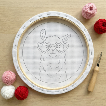 Blank pre-stretched canvas with the Lama pattern pre-printed, ready for punch needle embroidery.