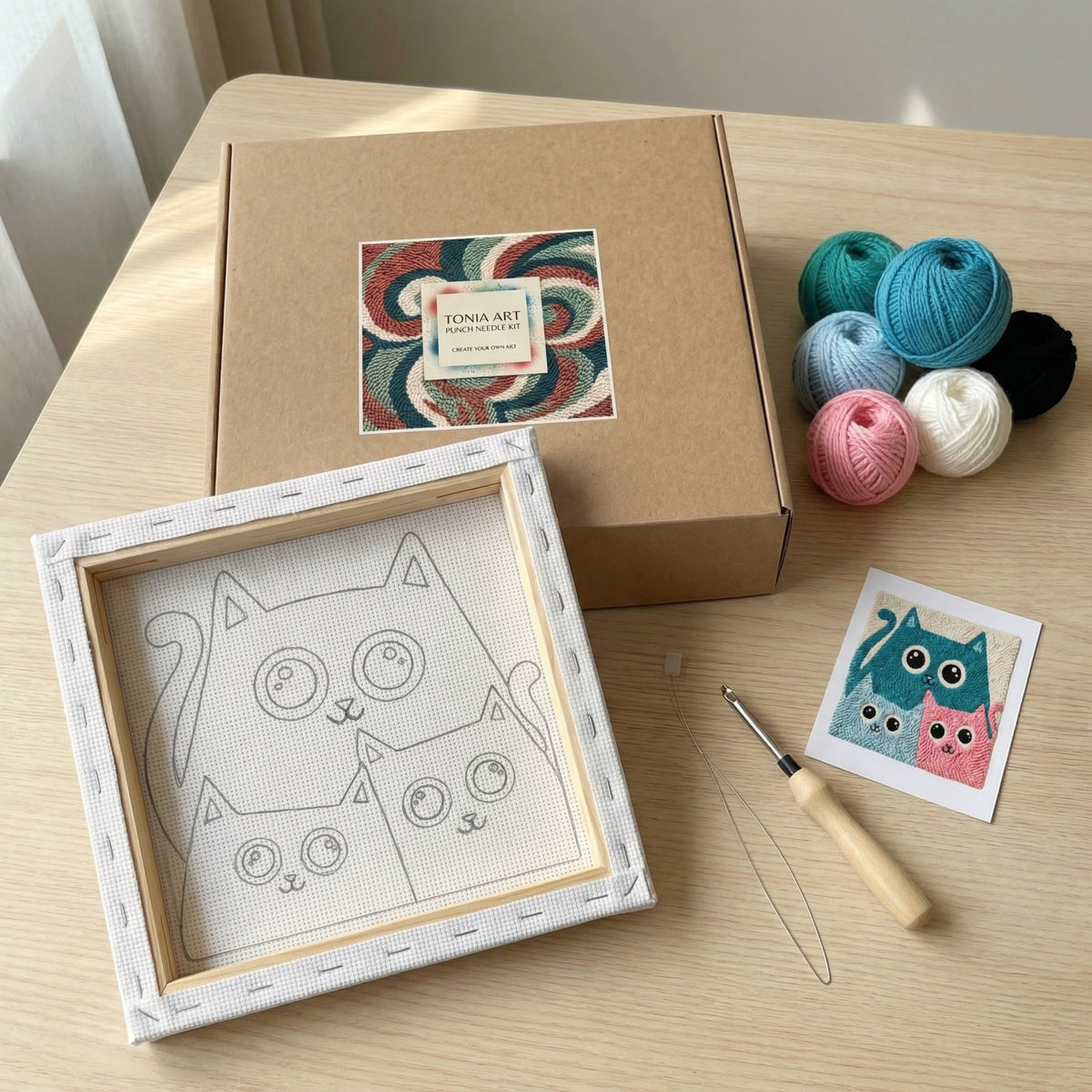 Punch needle kit contents - Pre-stretched canvas, yarn, needle and step-by-step instructions.