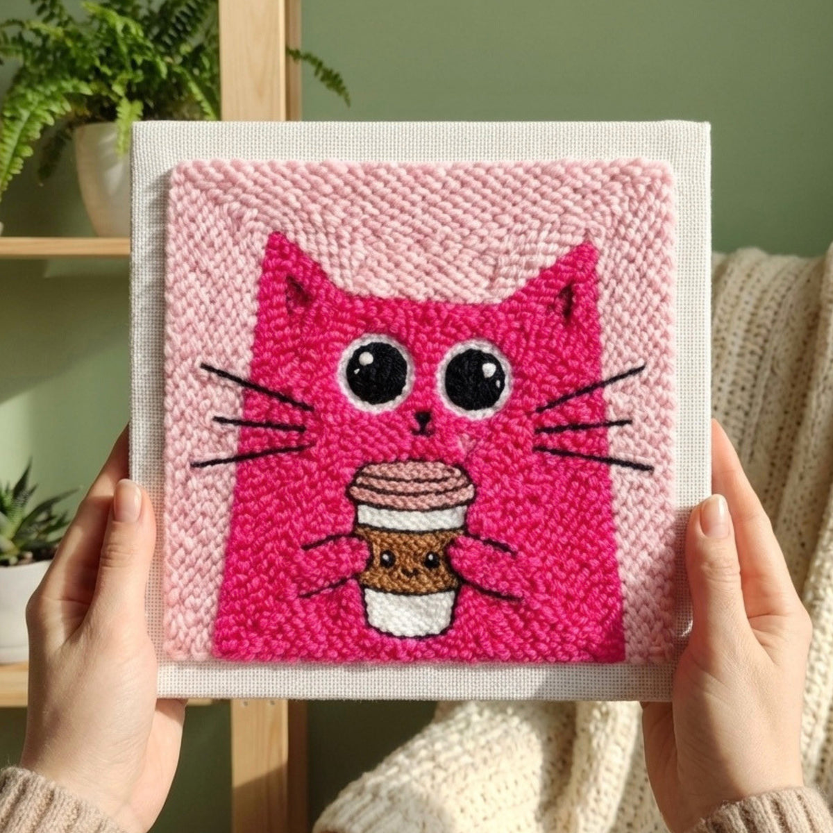 Tonia Art Chat & Cappuccino Punch Needle Kit - Handmade DIY wall art on pre-stretched frame.