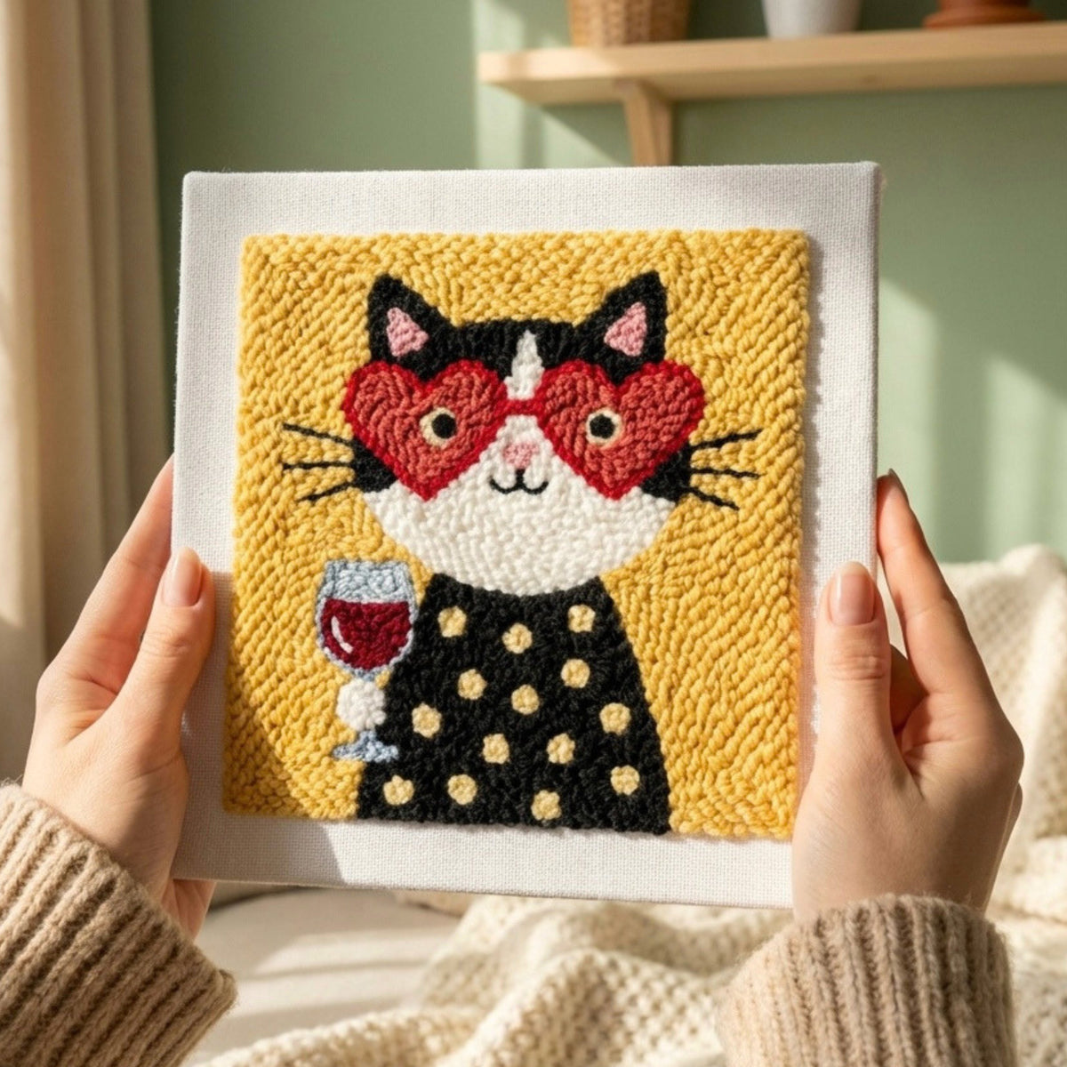 Tonia Art Raya la Chatte Punch Needle Kit - Handmade DIY wall art on pre-stretched frame.