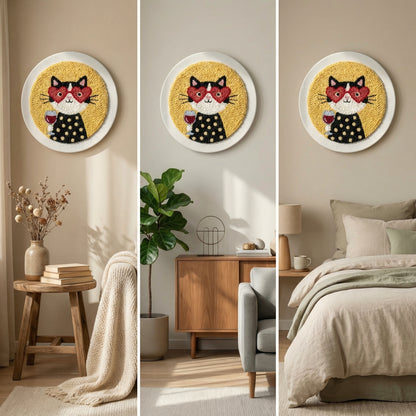 Finished Raya la Chatte punch needle artwork styled in a home interior.
