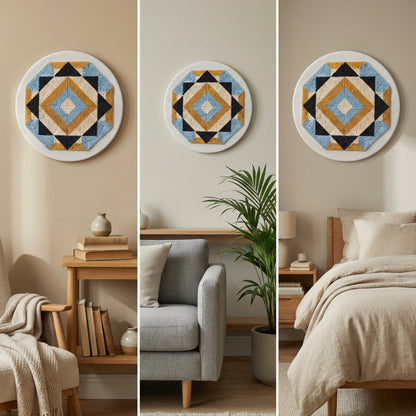Finished Prisme Boho – Bleu Ciel punch needle artwork styled in a home interior.