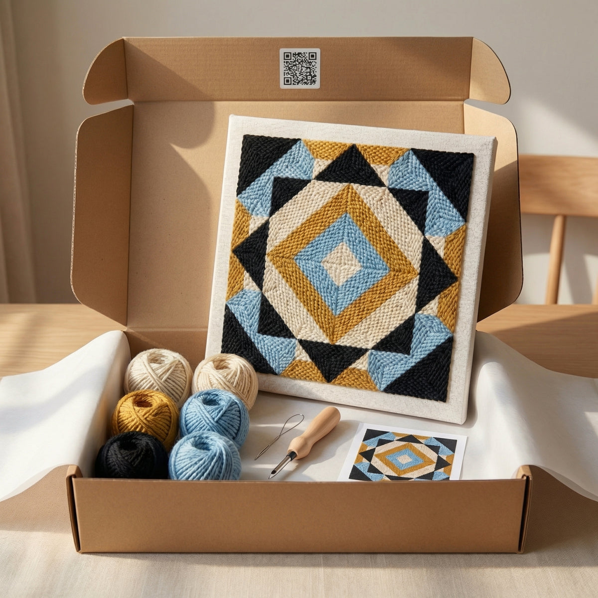 Blank pre-stretched canvas with the Prisme Boho – Bleu Ciel pattern pre-printed, ready for punch needle embroidery.
