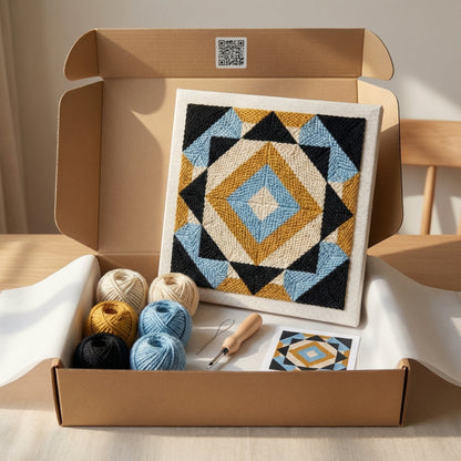 Blank pre-stretched canvas with the Prisme Boho – Bleu Ciel pattern pre-printed, ready for punch needle embroidery.