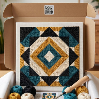 Tonia Art Prisme Boho – Bleu Canard Punch Needle Kit - Handmade DIY wall art on pre-stretched frame.