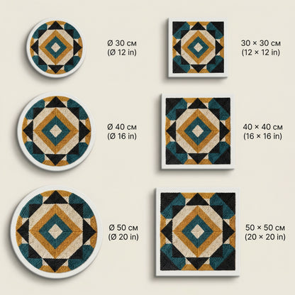 Finished Prisme Boho – Bleu Canard punch needle artwork styled in a home interior.
