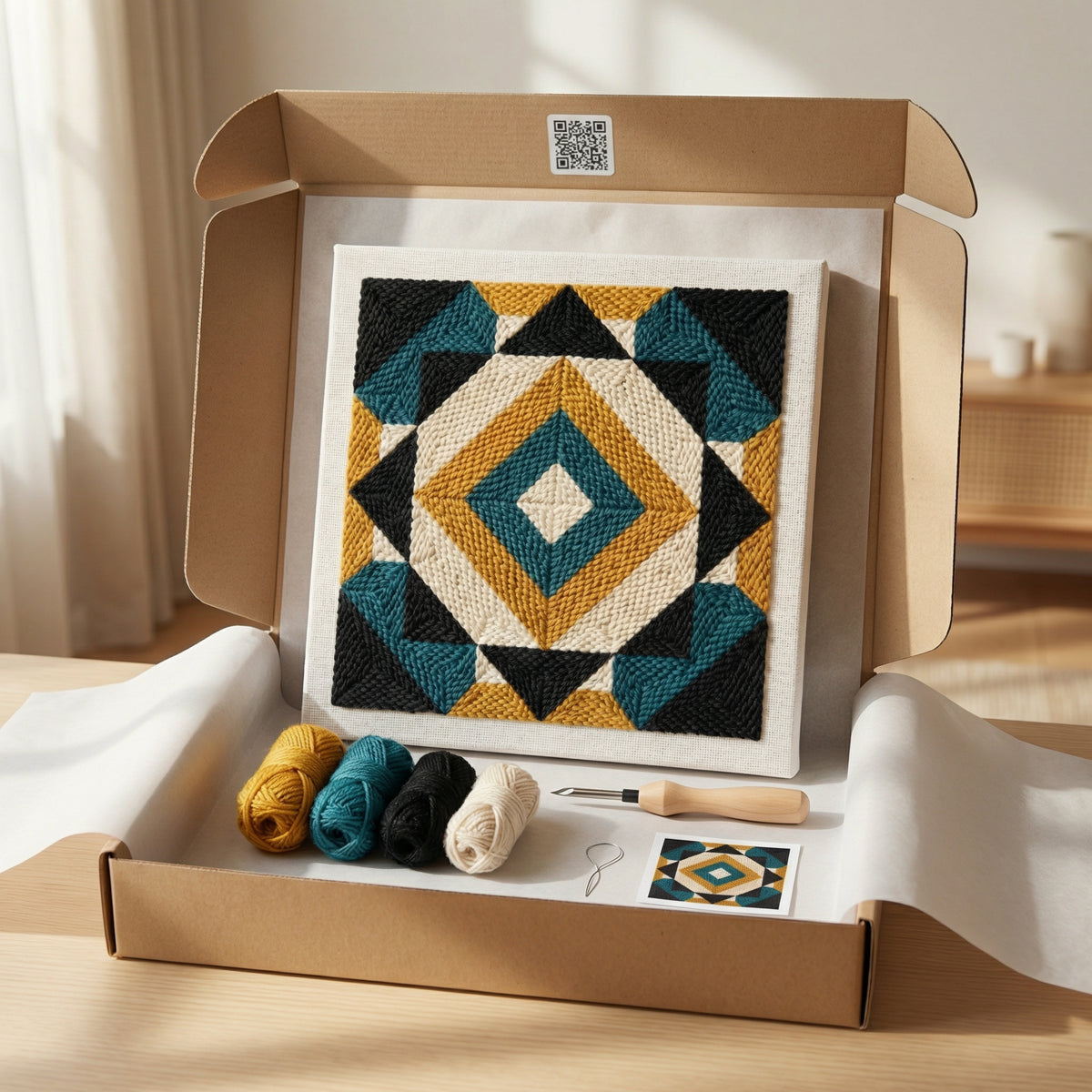Blank pre-stretched canvas with the Prisme Boho – Bleu Canard pattern pre-printed, ready for punch needle embroidery.