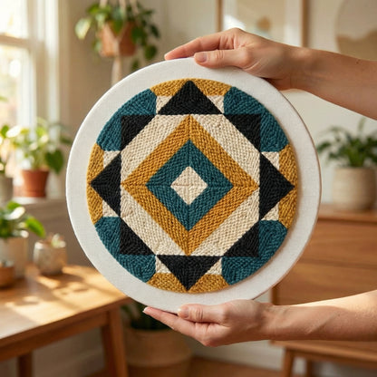 Finished Prisme Boho – Bleu Canard punch needle artwork styled in a home interior.