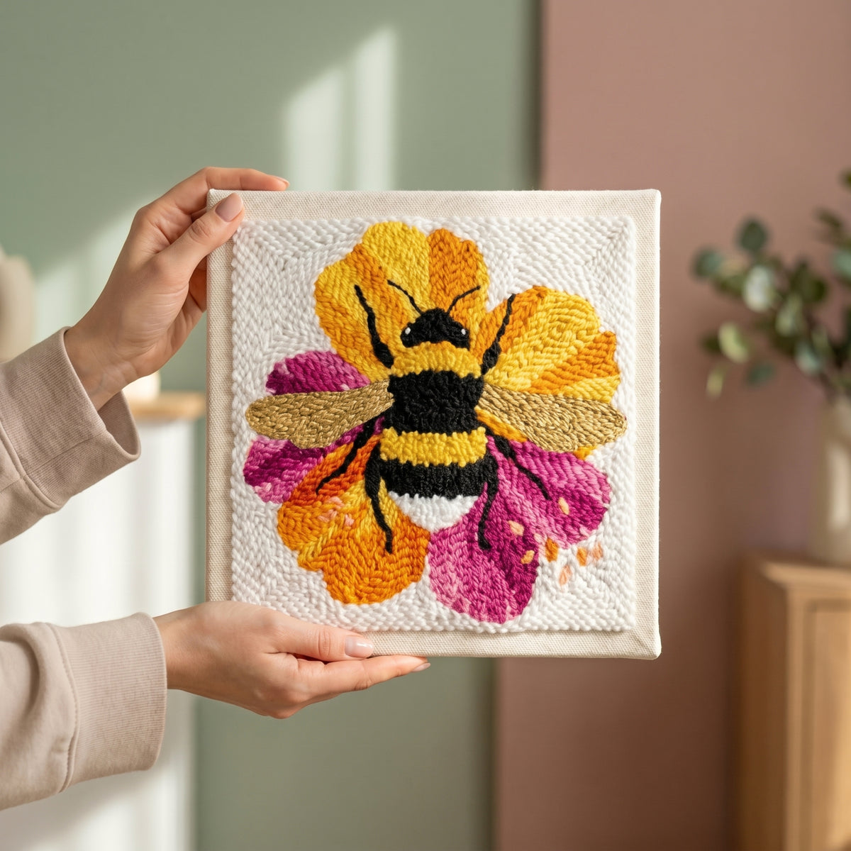Blank pre-stretched canvas with the Abeille sur sa Fleur pattern pre-printed, ready for punch needle embroidery.