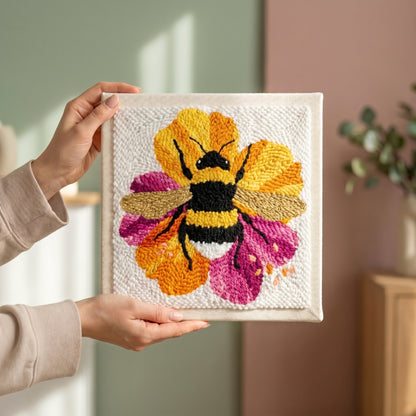 Blank pre-stretched canvas with the Abeille sur sa Fleur pattern pre-printed, ready for punch needle embroidery.