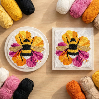 Finished Abeille sur sa Fleur punch needle artwork styled in a home interior.