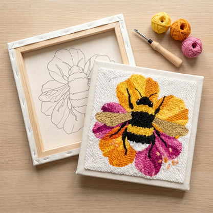 Blank pre-stretched canvas with the Abeille sur sa Fleur pattern pre-printed, ready for punch needle embroidery.