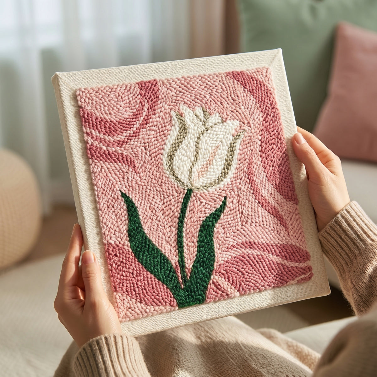 Finished Tulipe Délicate punch needle artwork styled in a home interior.