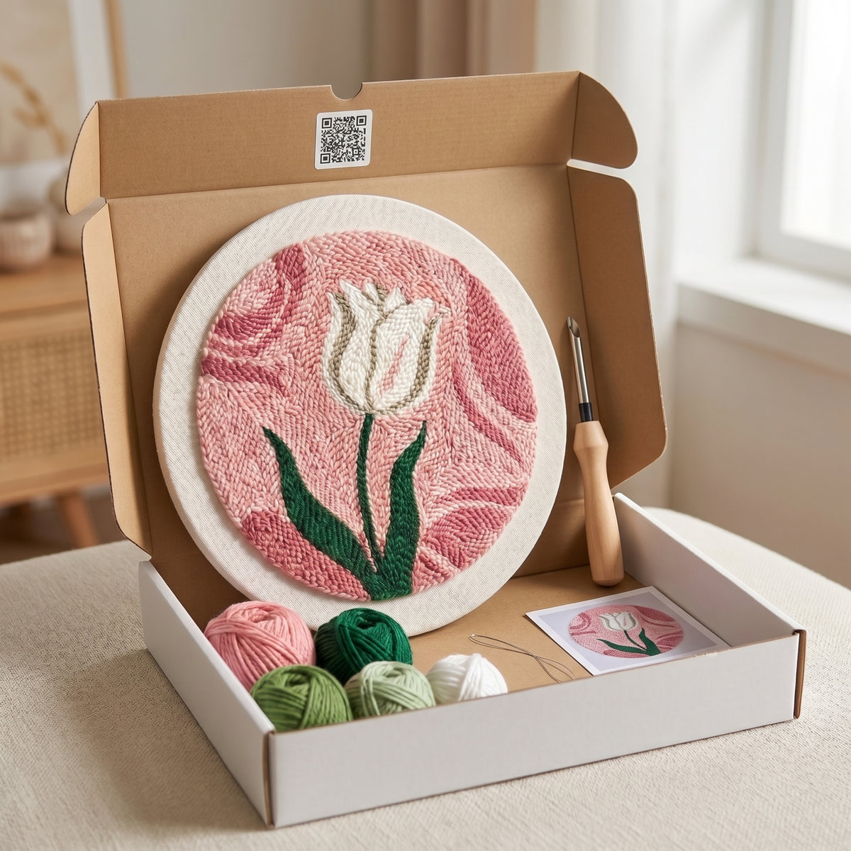 Punch needle kit contents - Pre-stretched canvas, yarn, needle and step-by-step instructions.