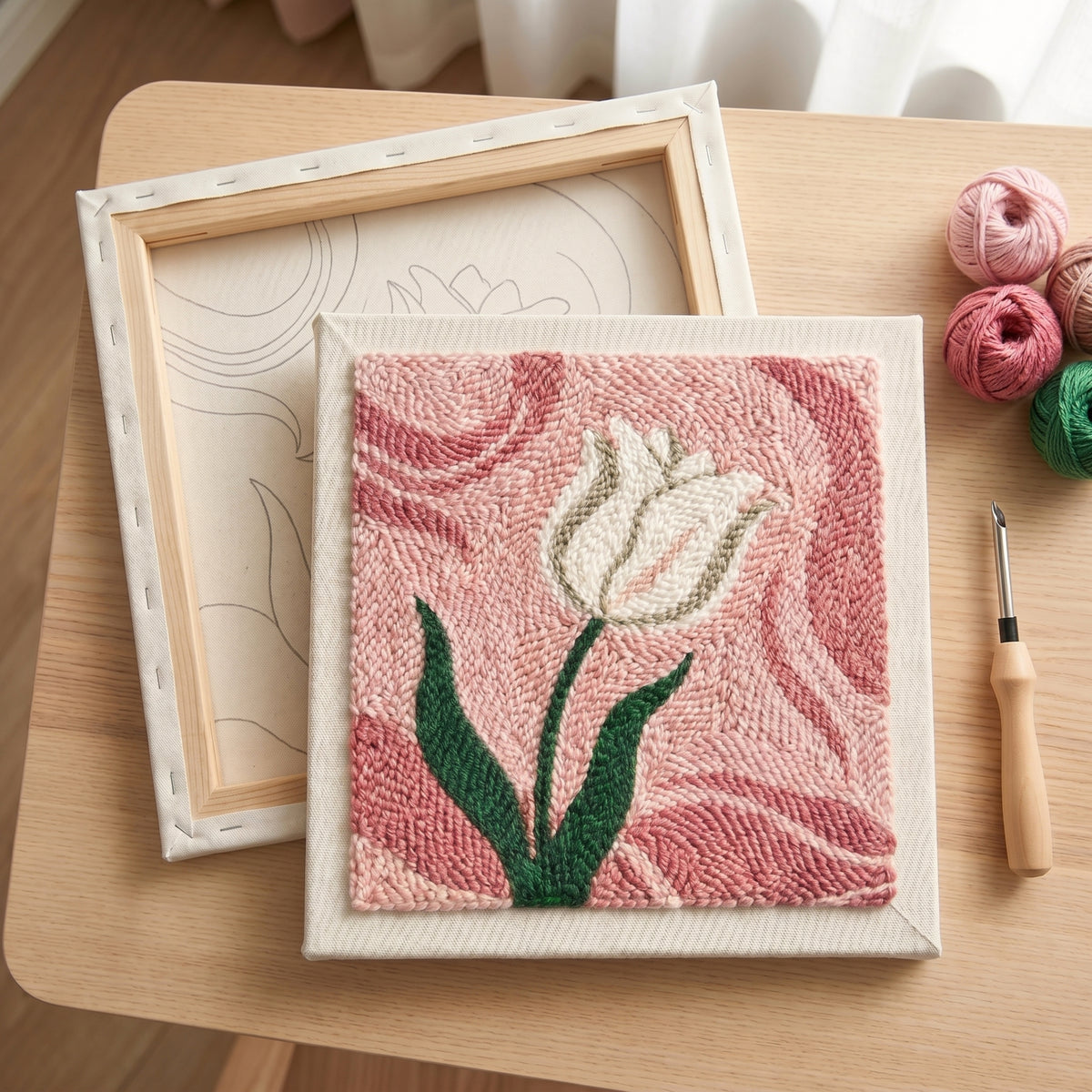 Finished Tulipe Délicate punch needle artwork styled in a home interior.