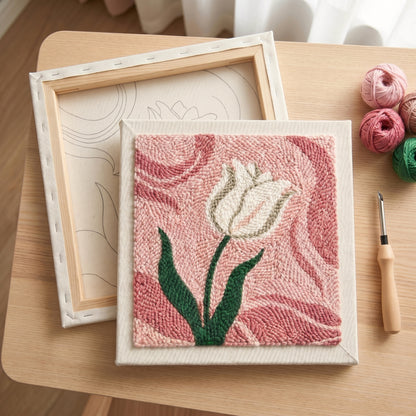 Finished Tulipe Délicate punch needle artwork styled in a home interior.