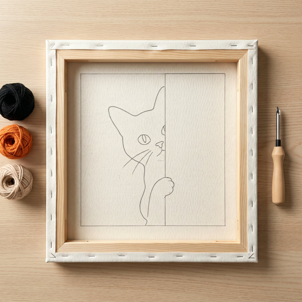 Blank pre-stretched canvas with the Chat Rôdeur pattern pre-printed, ready for punch needle embroidery.