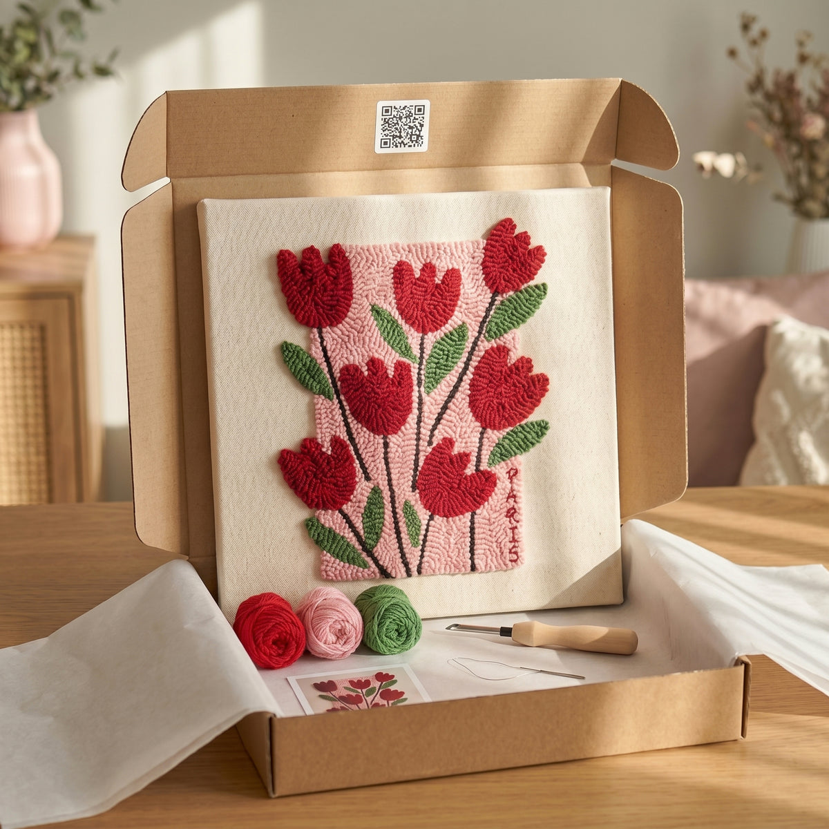 Punch needle kit contents - Pre-stretched canvas, yarn, needle and step-by-step instructions.