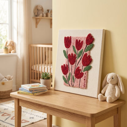 Blank pre-stretched canvas with the Bouquet de Printemps pattern pre-printed, ready for punch needle embroidery.