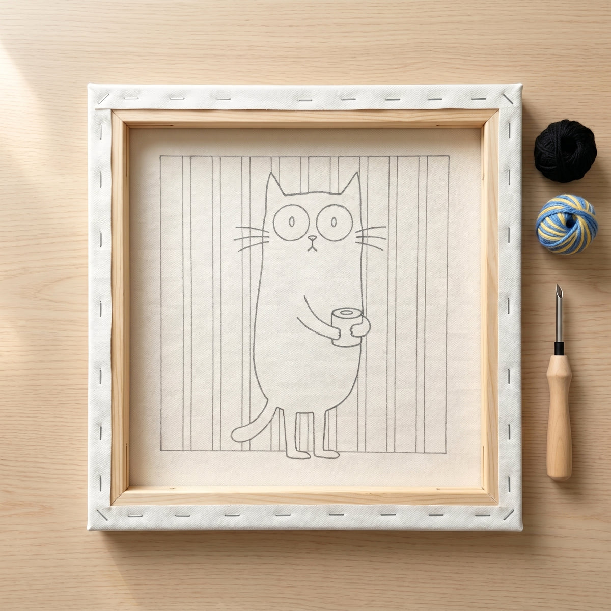 Finished Le Voleur de Papier Toilette punch needle artwork styled in a home interior.