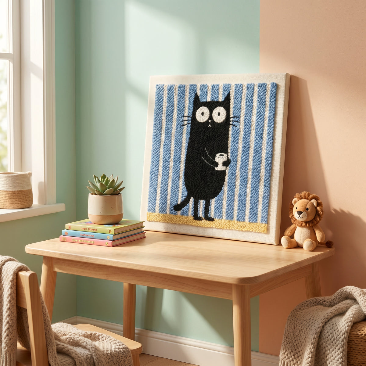Finished Le Voleur de Papier Toilette punch needle artwork styled in a home interior.