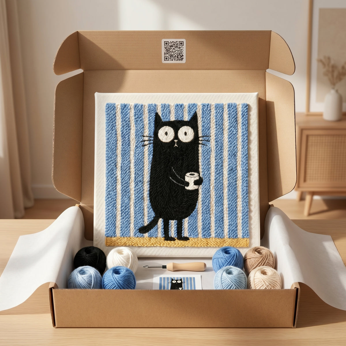 Tonia Art Le Voleur de Papier Toilette Punch Needle Kit - Handmade DIY wall art on pre-stretched frame.