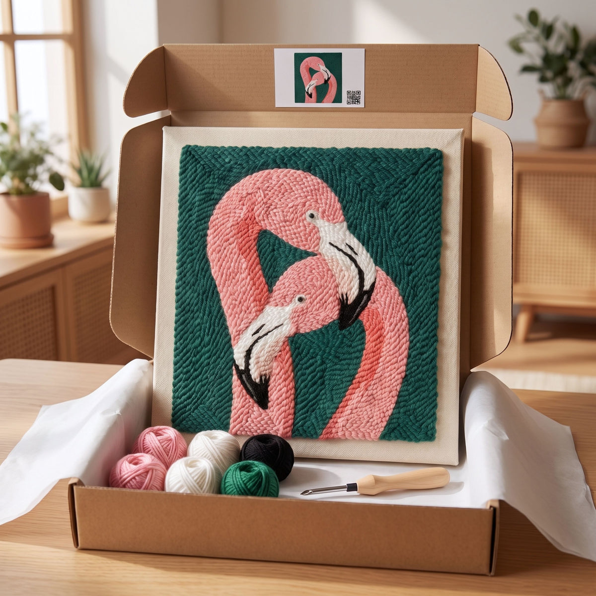 Tonia Art Duo de Flamants Roses Punch Needle Kit - Handmade DIY wall art on pre-stretched frame.