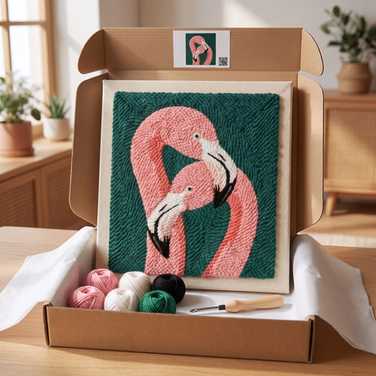 Tonia Art Duo de Flamants Roses Punch Needle Kit - Handmade DIY wall art on pre-stretched frame.