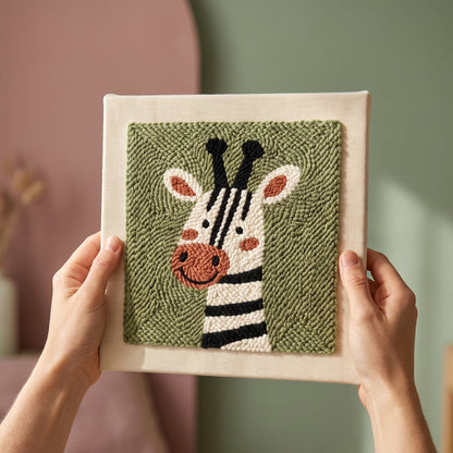 Finished Mia le Zèbre punch needle artwork styled in a home interior.