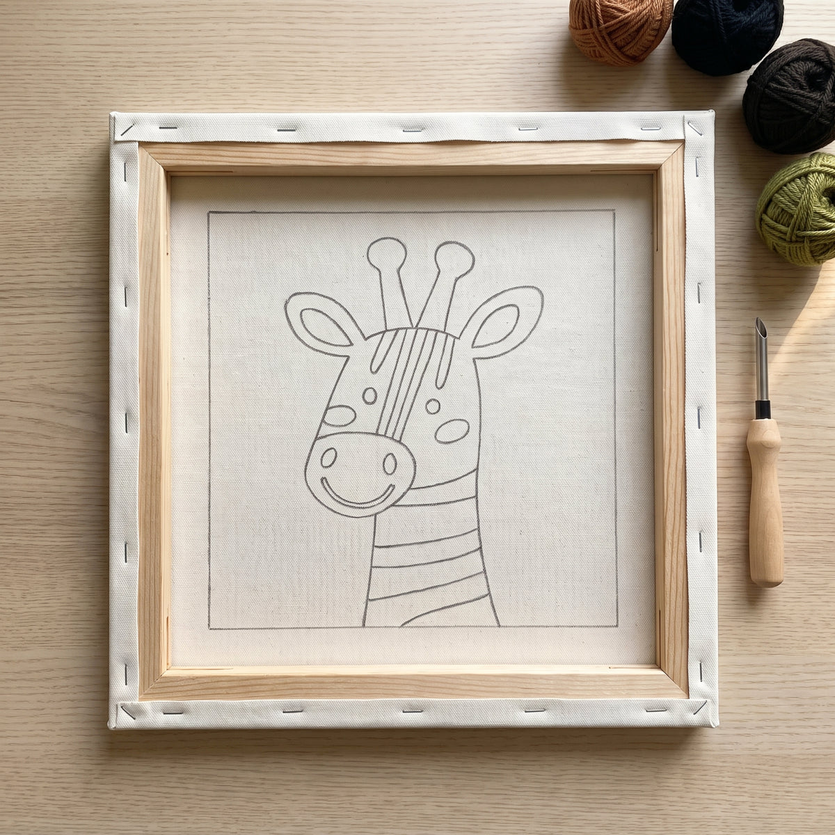 Blank pre-stretched canvas with the Mia le Zèbre pattern pre-printed, ready for punch needle embroidery.