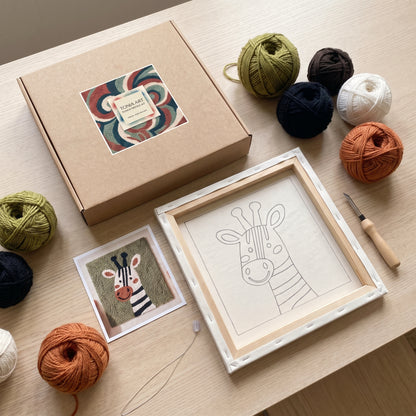 Punch needle kit contents - Pre-stretched canvas, yarn, needle and step-by-step instructions.