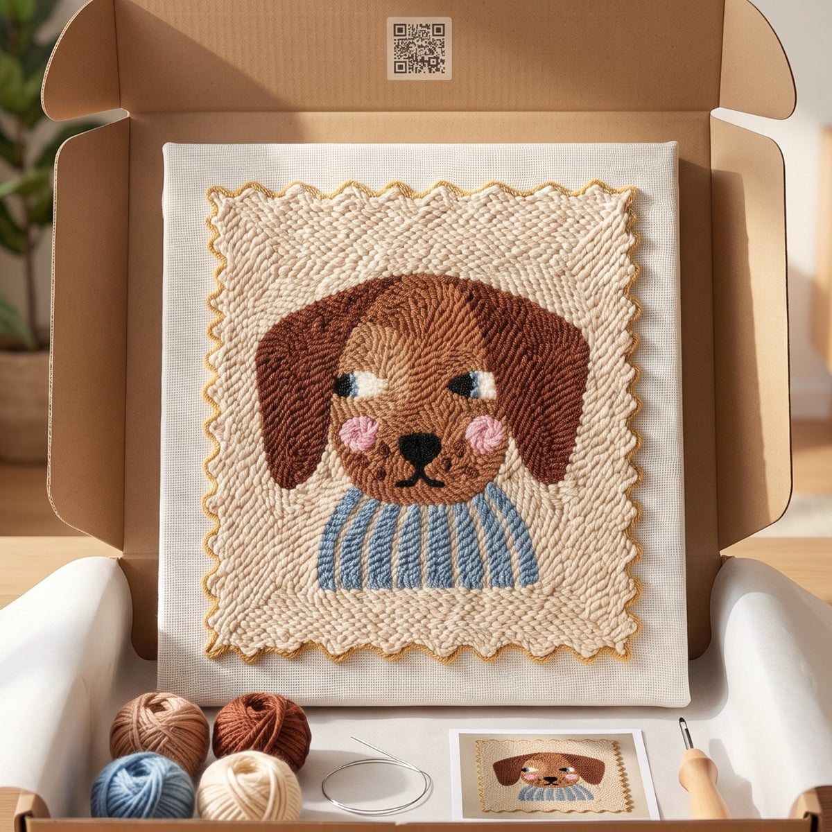 Tonia Art Charlie le Chiot Punch Needle Kit - Handmade DIY wall art on pre-stretched frame.