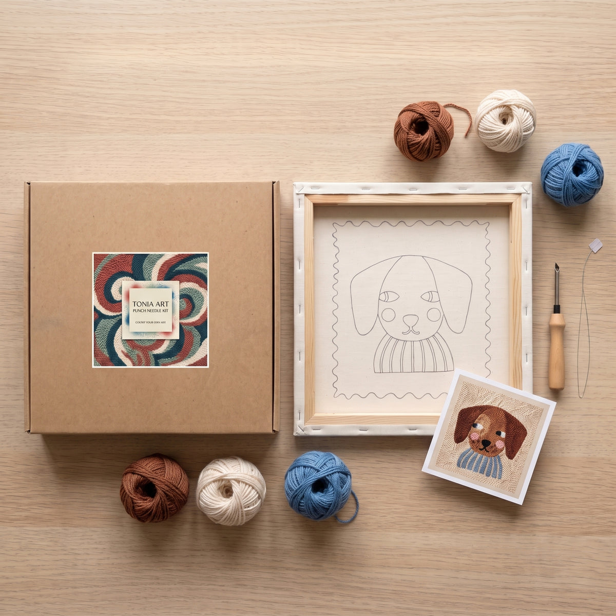 Punch needle kit contents - Pre-stretched canvas, yarn, needle and step-by-step instructions.