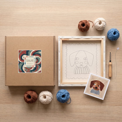 Punch needle kit contents - Pre-stretched canvas, yarn, needle and step-by-step instructions.