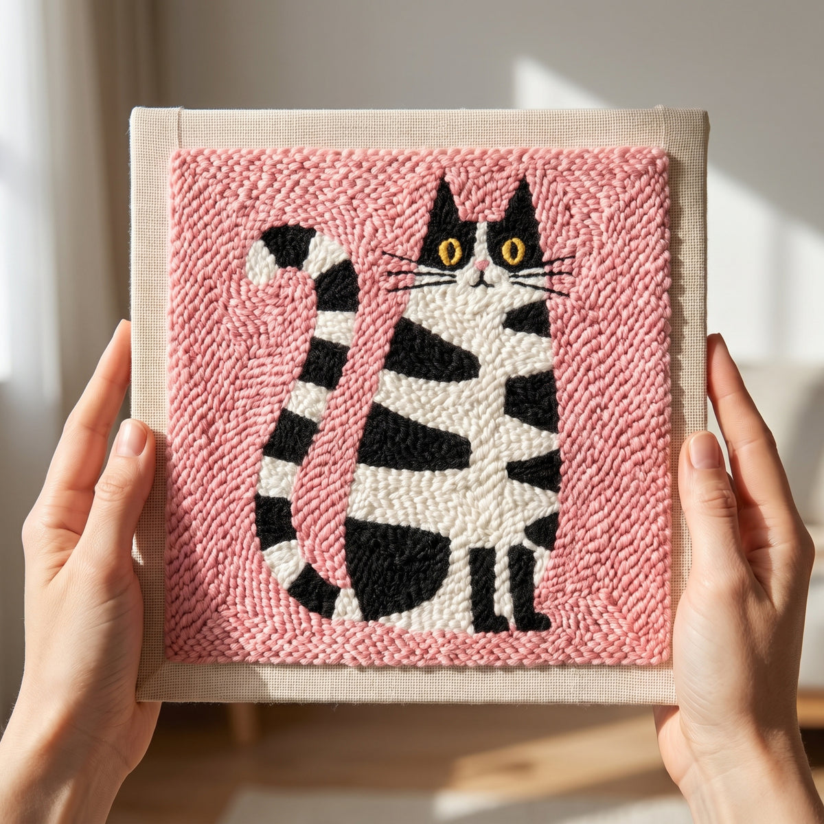Finished Chubby le Chat punch needle artwork styled in a home interior.