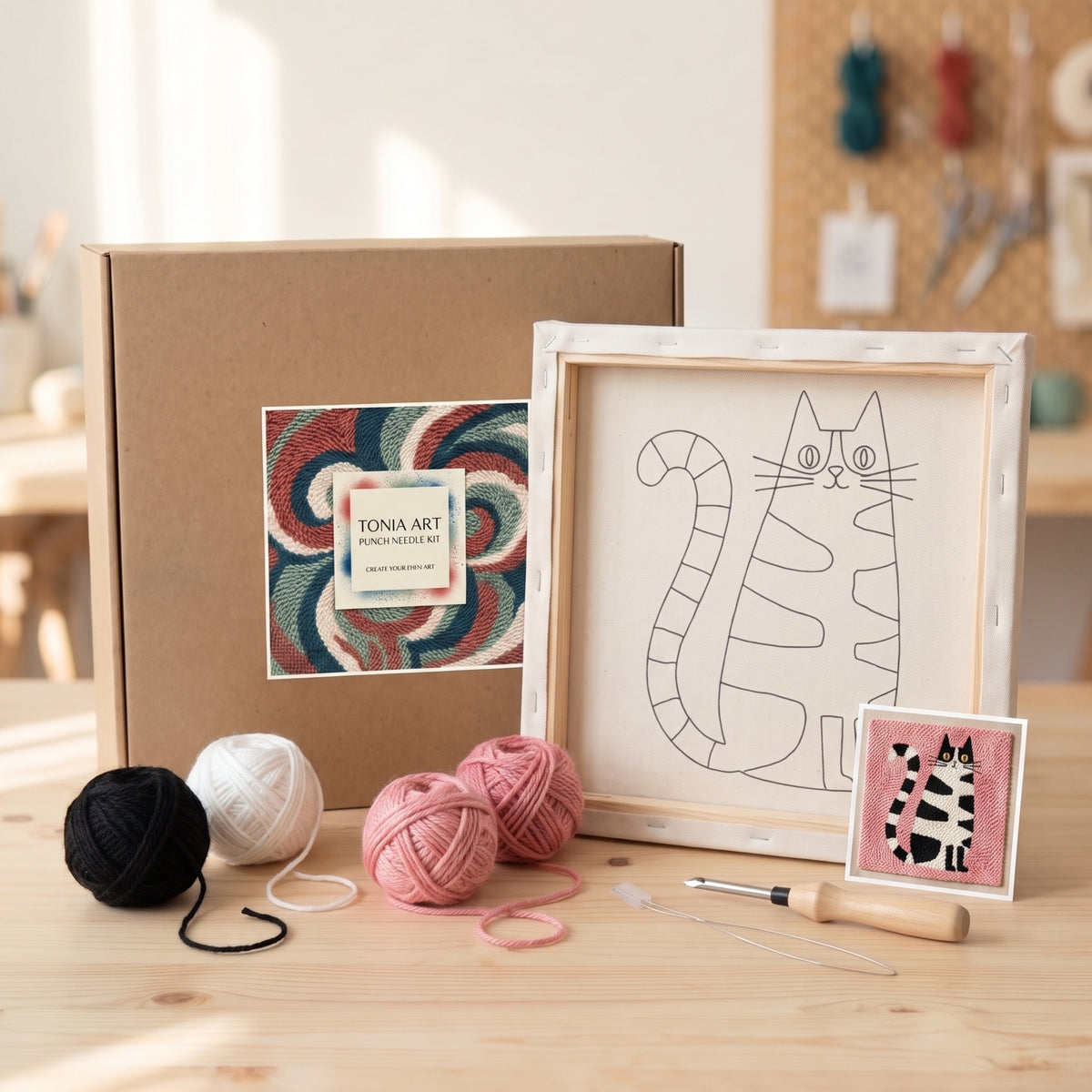 Blank pre-stretched canvas with the Chubby le Chat pattern pre-printed, ready for punch needle embroidery.