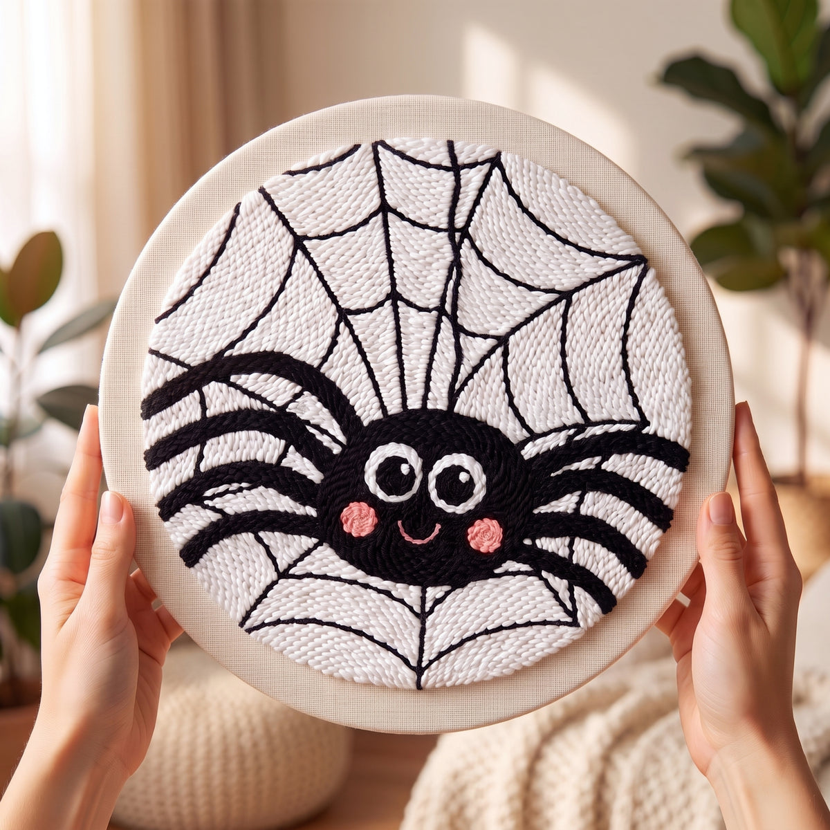 Close-up of the punch needle texture - Soft, textured yarn loops on pre-stretched canvas.
