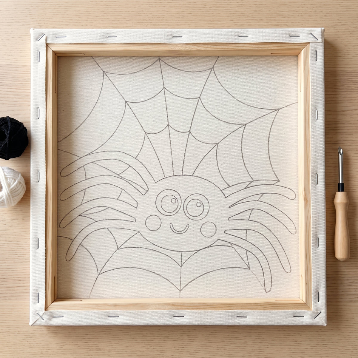 Blank pre-stretched canvas with the Webster l'Araignée pattern pre-printed, ready for punch needle embroidery.